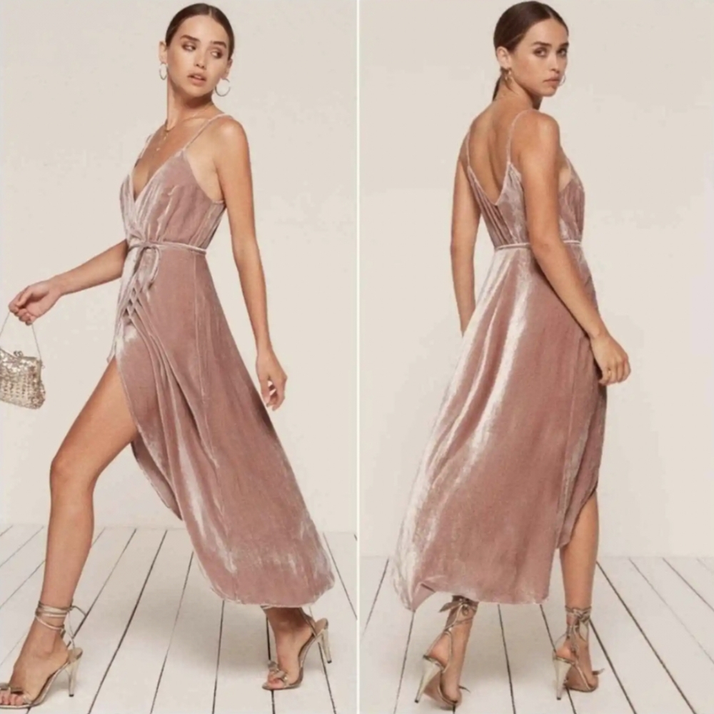 REFORMATION | Anoush Wrap Dress Silk Blend Velvet, Blush, Women's Size XS
